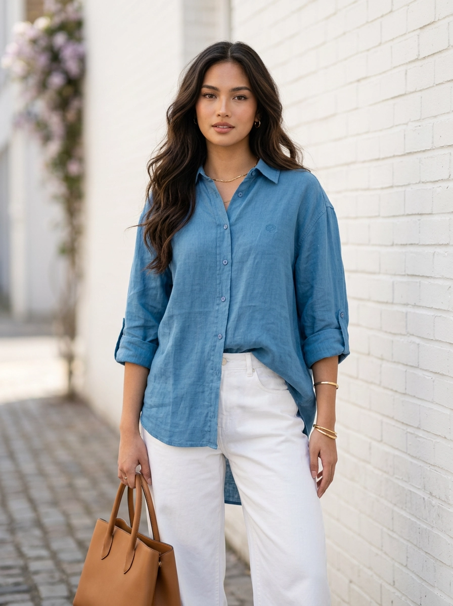Blue Linen Button-Up Shirt