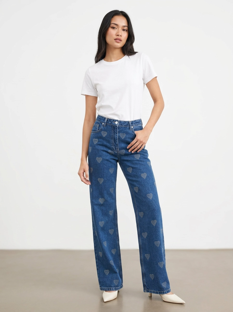 Heart Print Denim Pants