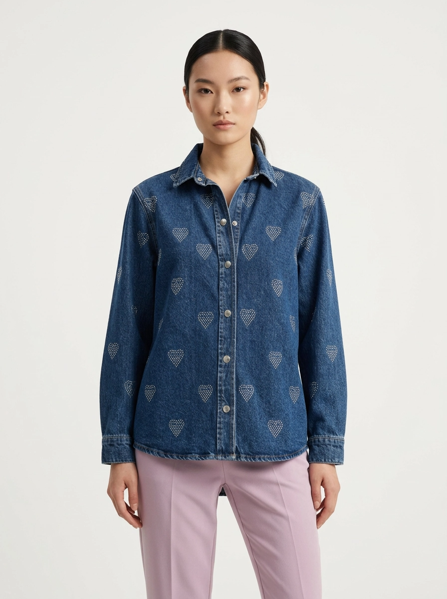Heart Print Denim Button-Up Shirt