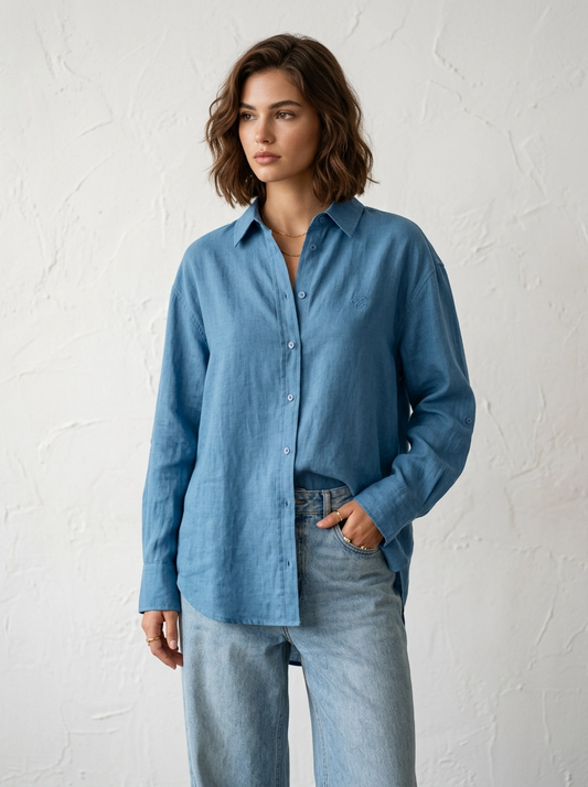 Blue Linen Button-Up Shirt