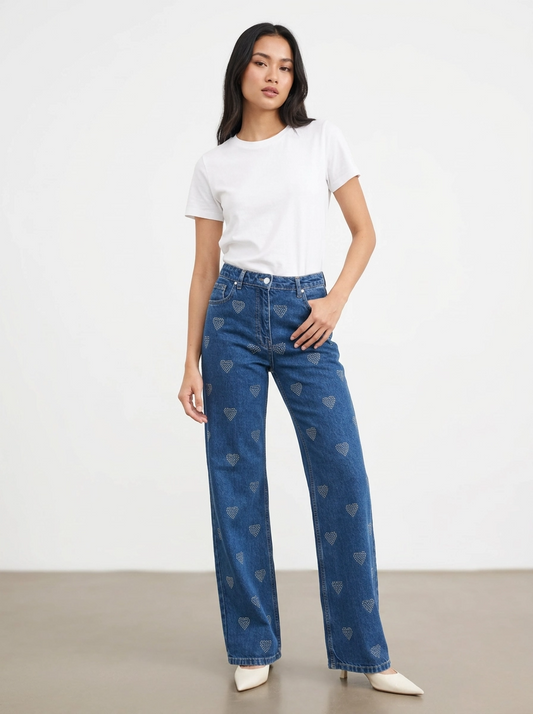 Heart Print Denim Pants
