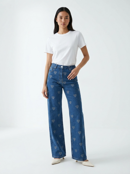 Heart Print Denim Pants