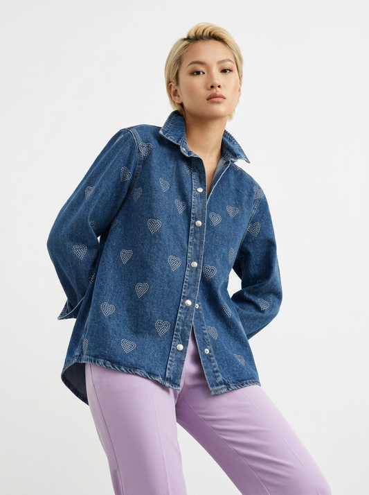 Heart Print Denim Button-Up Shirt