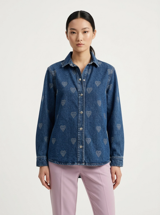 Heart Print Denim Button-Up Shirt