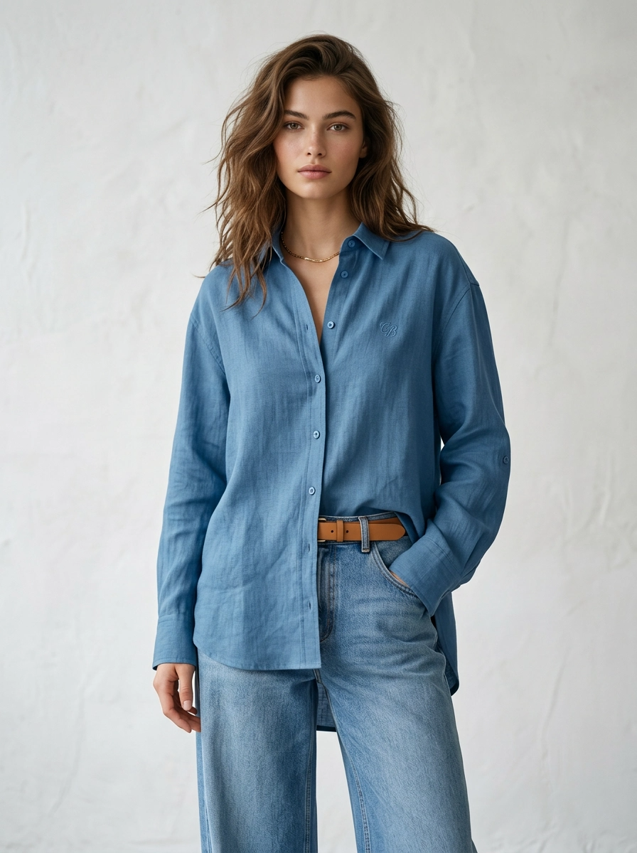 Blue Linen Button-Up Shirt